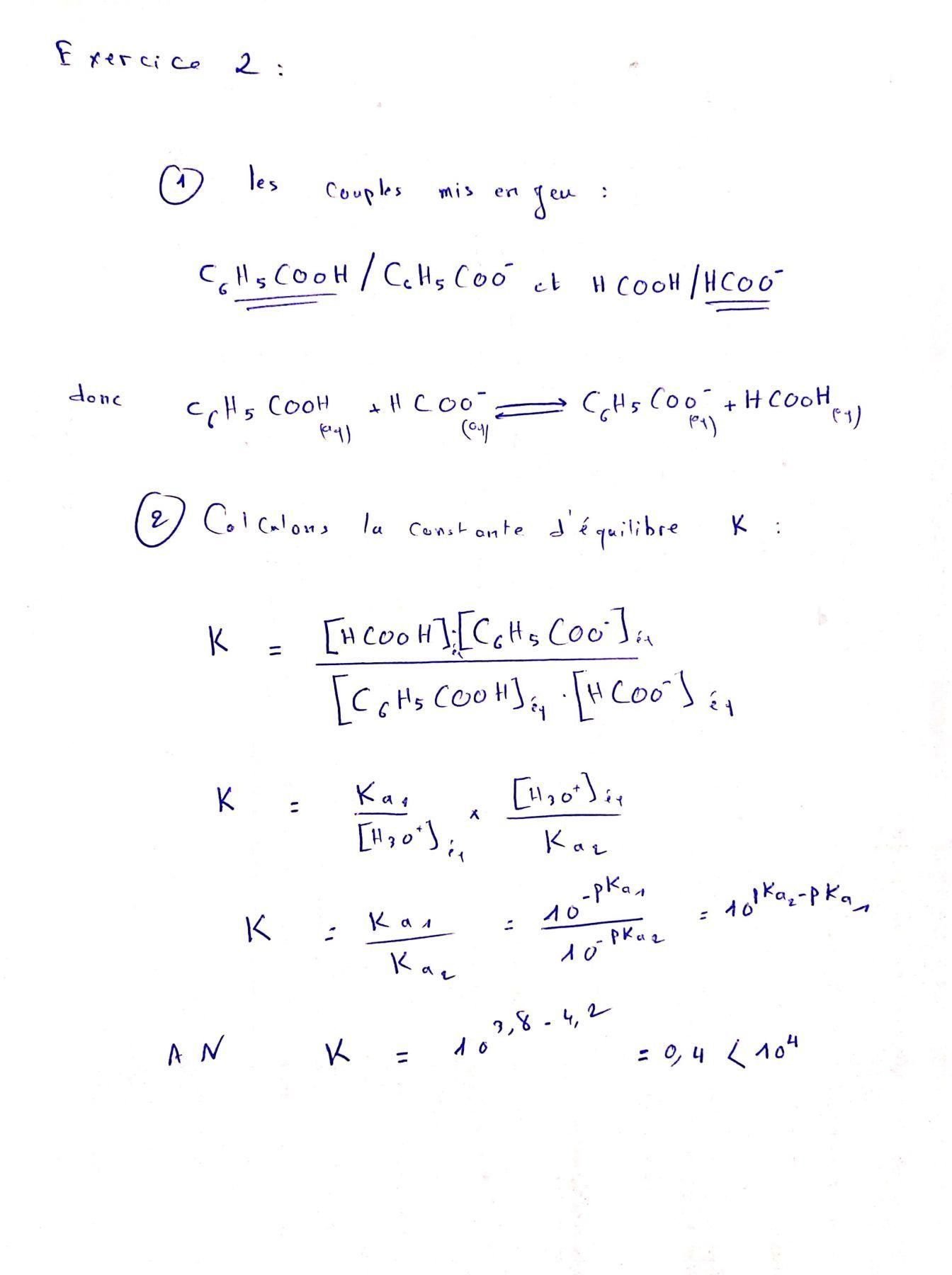 correction exercice 2 réaction acido-basique